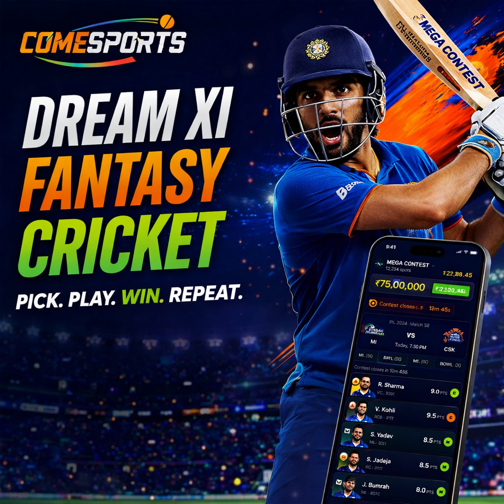 Come App DL Dream XI fantasy cricket ad visual